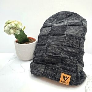 Vgogfly | grey black knit sherpa lined slouchy outdoors beanie hat | unisex